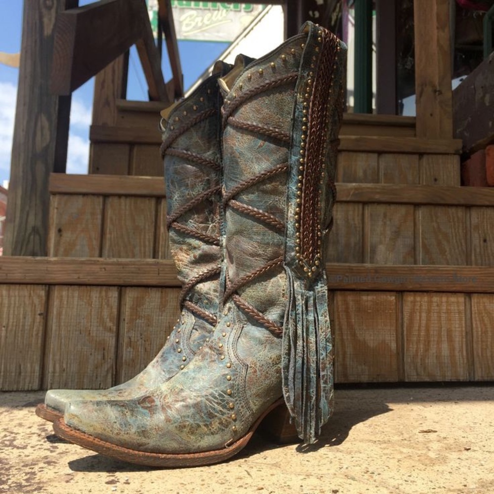 Corral Distressed Gray-Brown Leather Fringe Western Heeled Boots - Picture 13 of 13